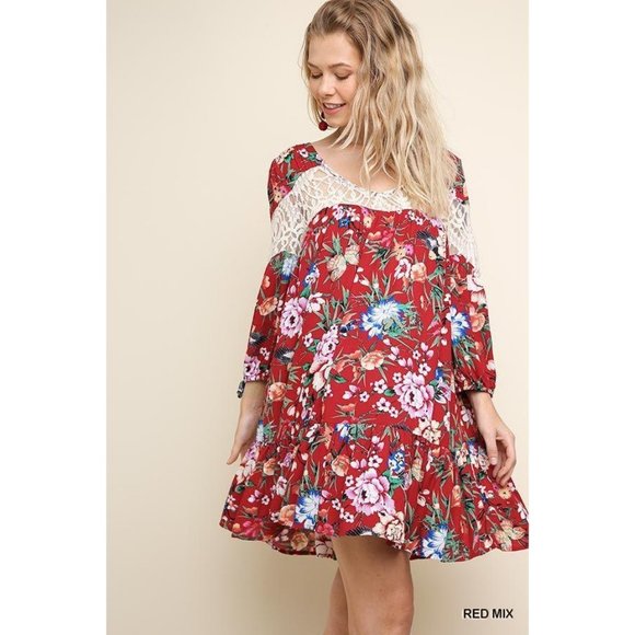 Umgee Dress Floral Print Puff Sleeve Lace Medium - Picture 2 of 4